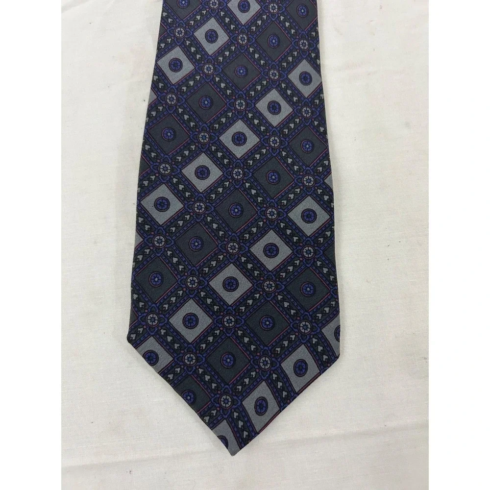 BALLY Silk Mens Blue  Skinny Tie Geometric Pattern Imported 58